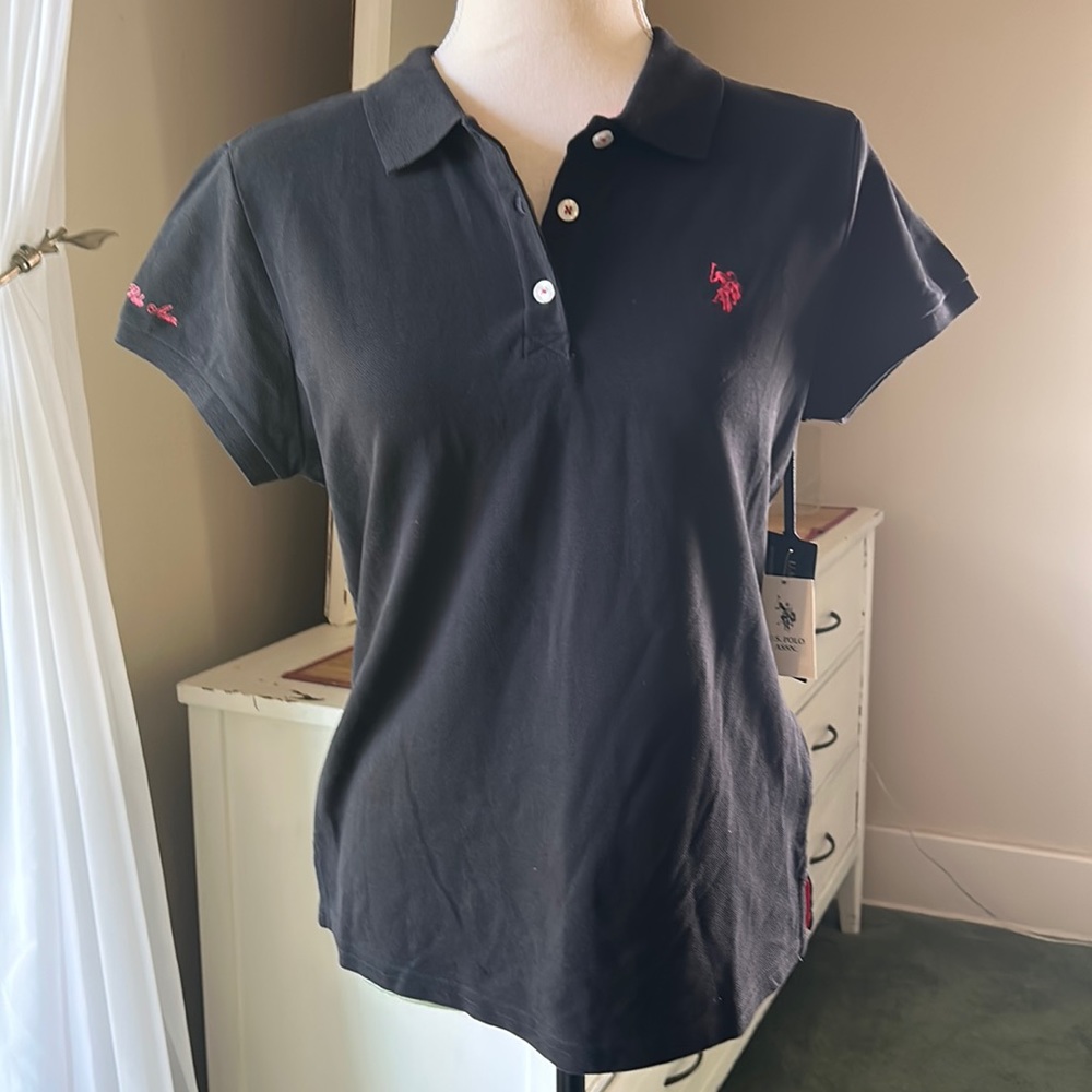 US Polo Assn women’s large black collared polo uniform shirt top short sleeved